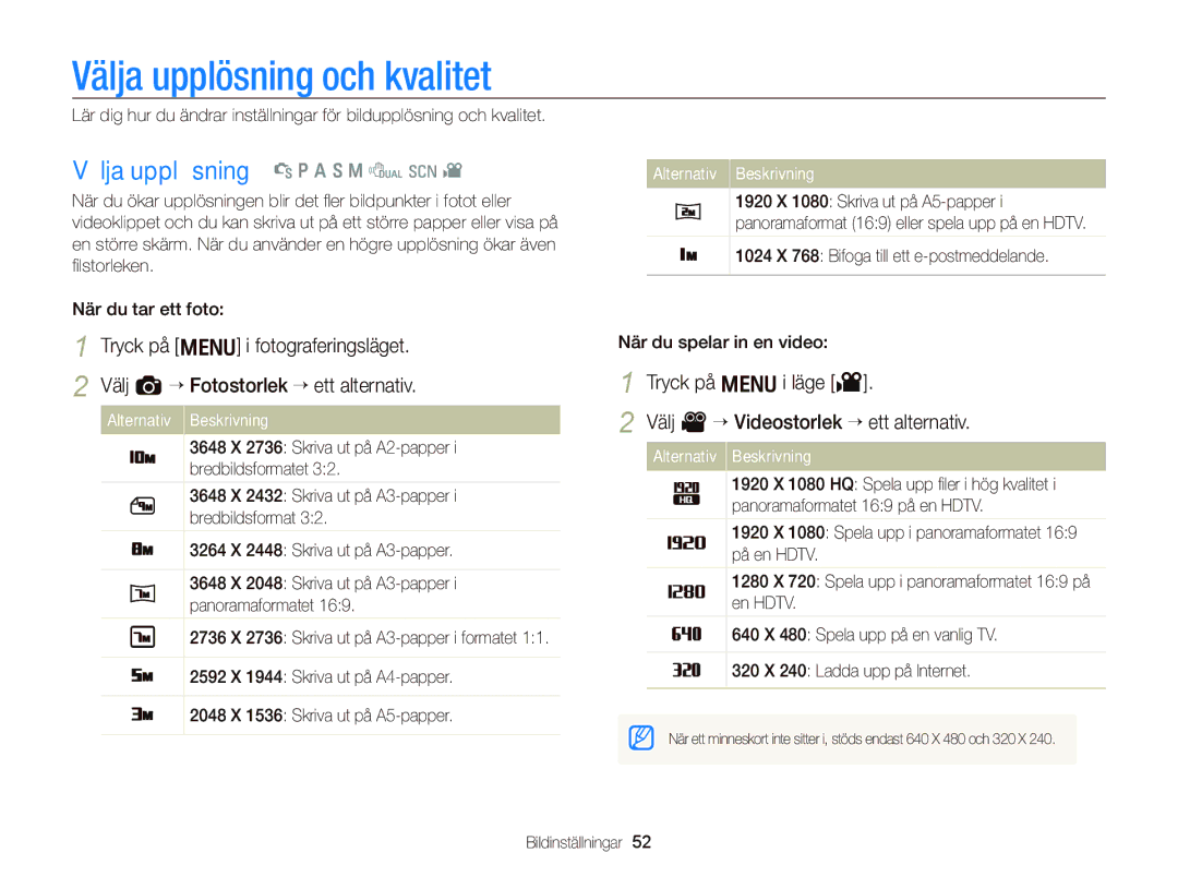 Samsung EC-WB2000BPBE2 manual Välja upplösning och kvalitet, Välja upplösning t p a S M d s, Bildinställningar 