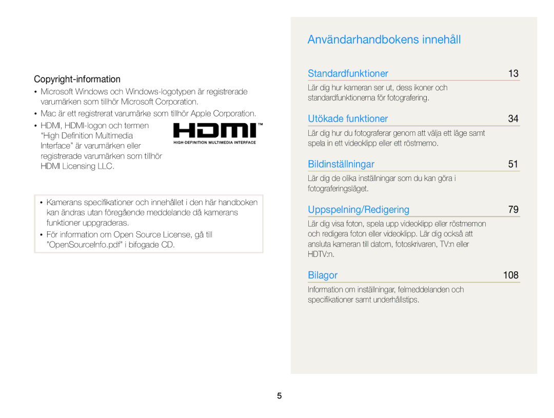 Samsung EC-WB2000BPBE2 Användarhandbokens innehåll, Copyright-information, 108, Spela in ett videoklipp eller ett röstmemo 