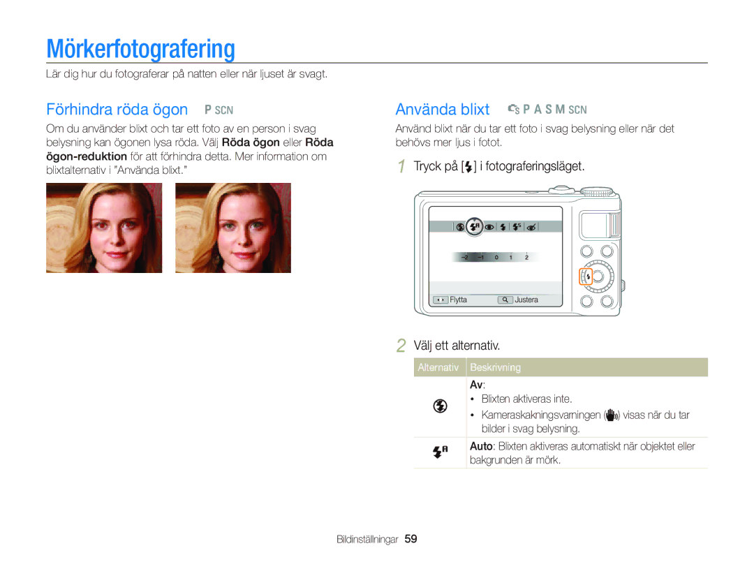 Samsung EC-WB2000BPBE2 manual Mörkerfotografering, Förhindra röda ögon p s, Använda blixt t p a S M s 