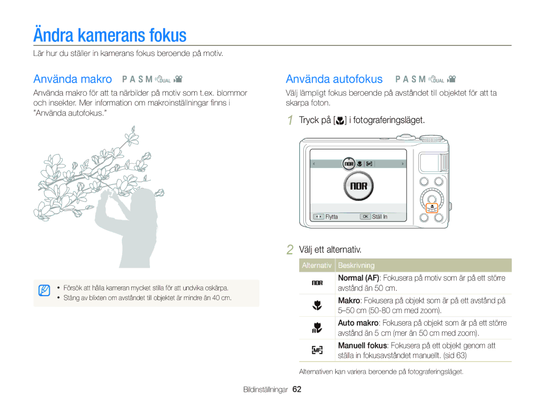 Samsung EC-WB2000BPBE2 manual Ändra kamerans fokus, Använda makro p a S M d, Använda autofokus p a S M d 