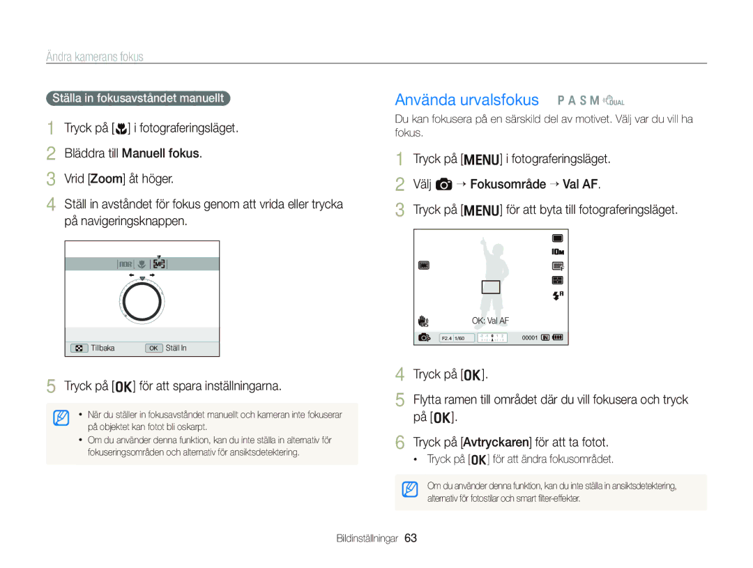 Samsung EC-WB2000BPBE2 Använda urvalsfokus p a S M d, Ändra kamerans fokus, Bläddra till Manuell fokus Vrid Zoom åt höger 