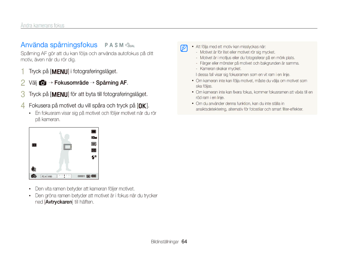 Samsung EC-WB2000BPBE2 manual Använda spårningsfokus p a S M d 