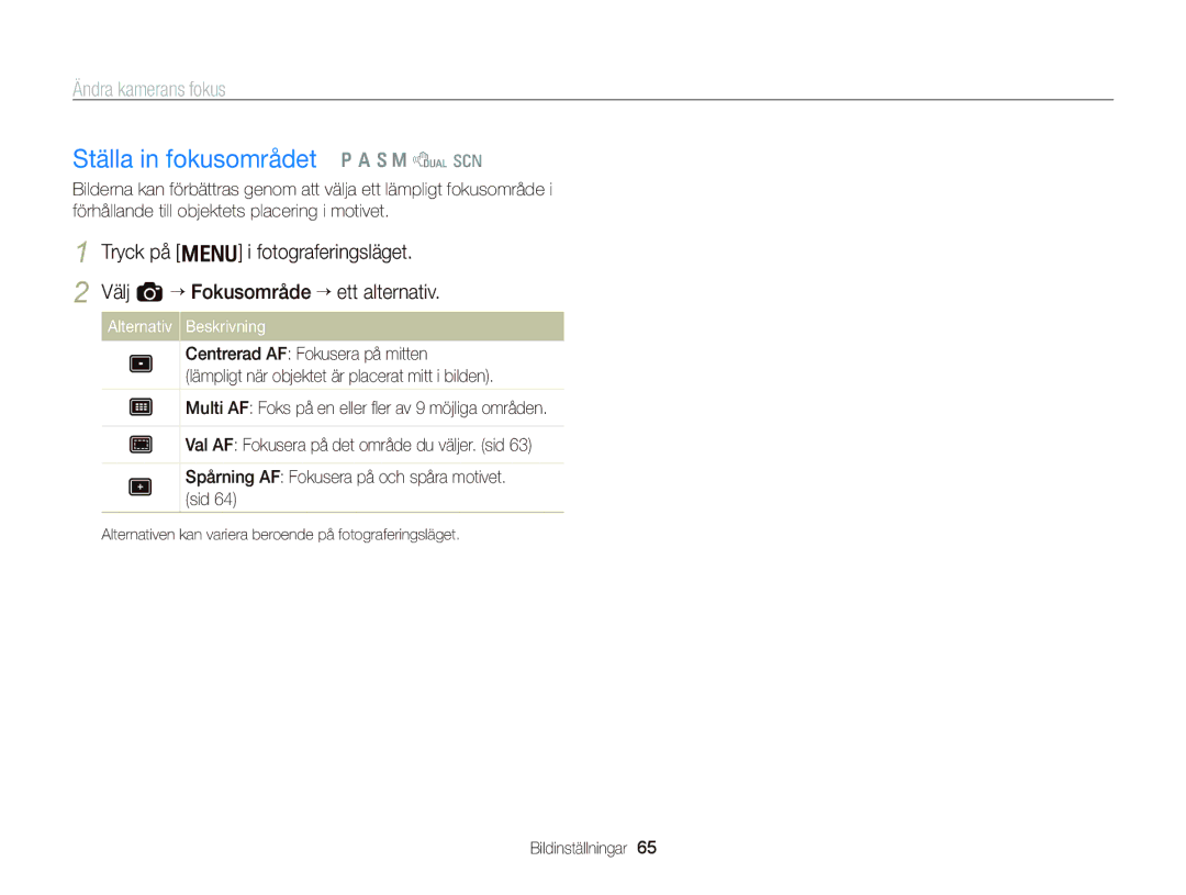 Samsung EC-WB2000BPBE2 manual Ställa in fokusområdet p a S M d s, Alternativ Beskrivning 