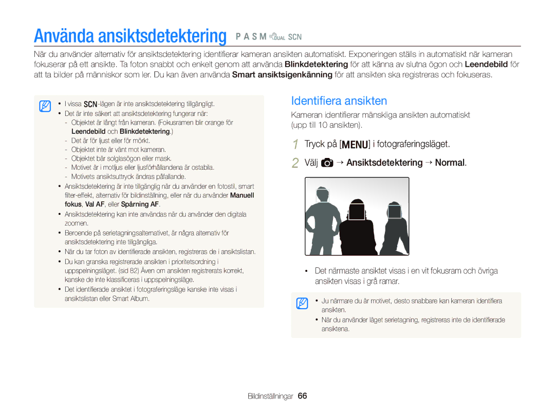 Samsung EC-WB2000BPBE2 manual Använda ansiktsdetektering p a S M d s, Identiﬁera ansikten 