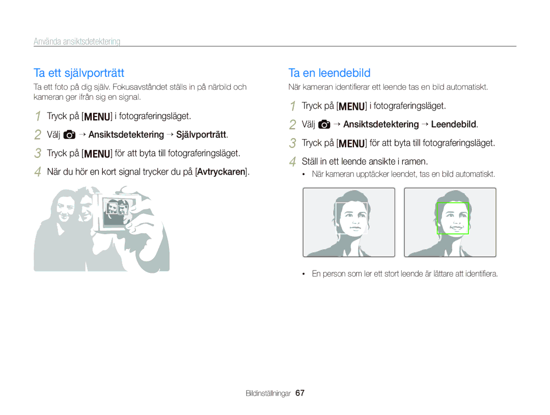 Samsung EC-WB2000BPBE2 manual Ta ett självporträtt, Ta en leendebild, Använda ansiktsdetektering 