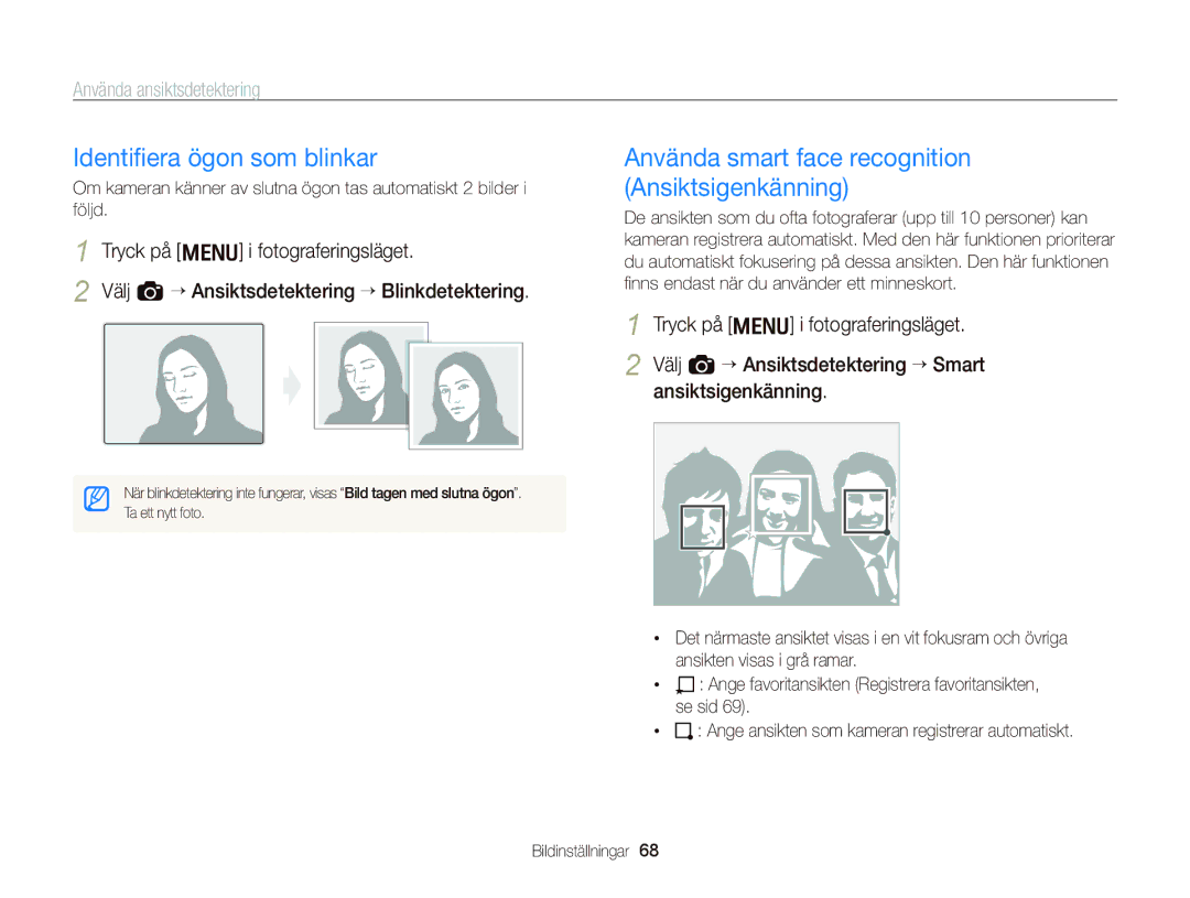 Samsung EC-WB2000BPBE2 manual Identiﬁera ögon som blinkar, Använda smart face recognition Ansiktsigenkänning 