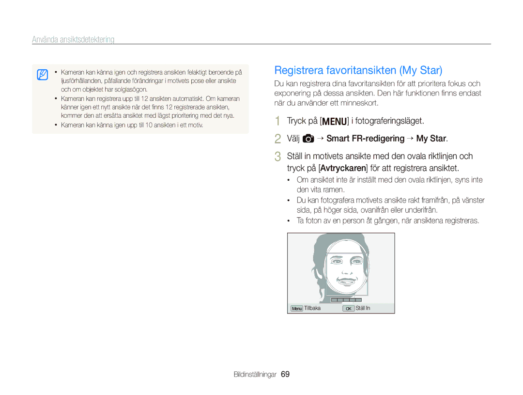 Samsung EC-WB2000BPBE2 manual Registrera favoritansikten My Star, Välj a “ Smart FR-redigering “ My Star 