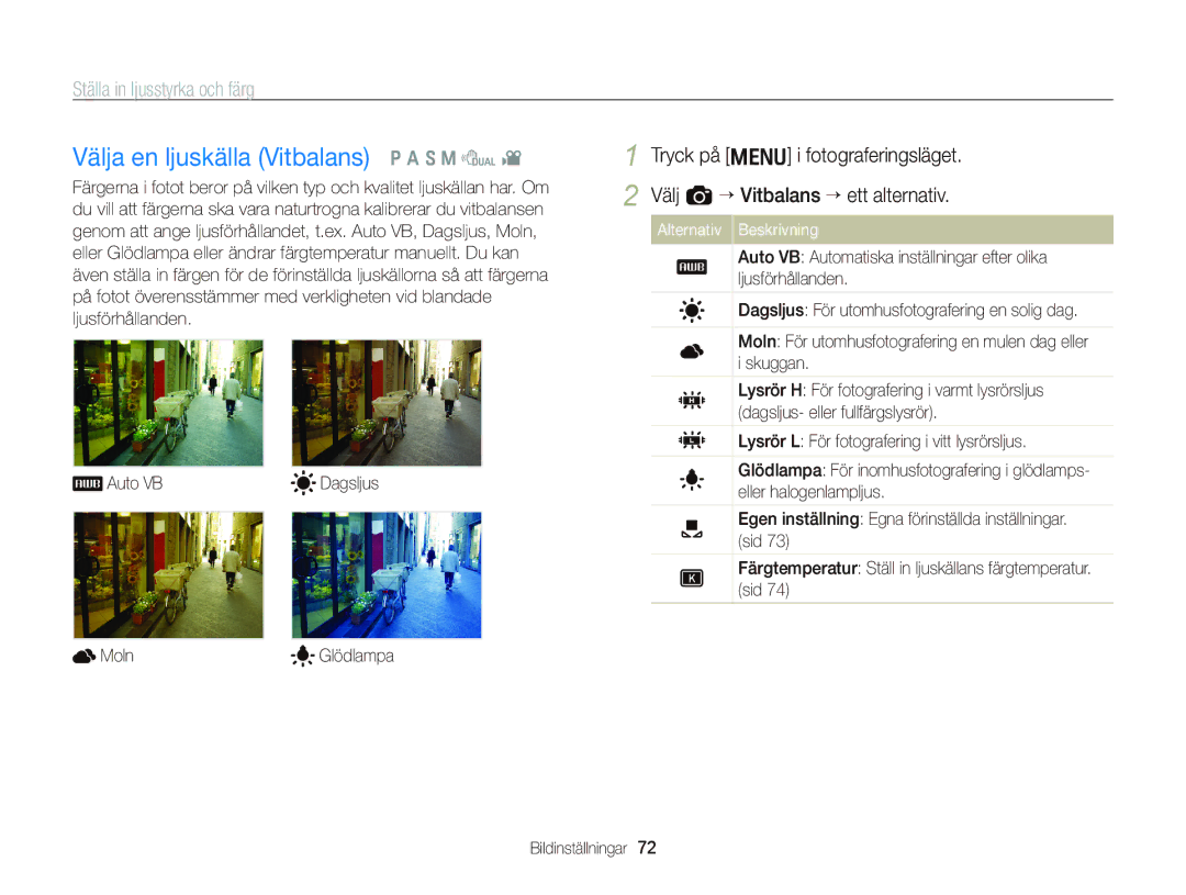 Samsung EC-WB2000BPBE2 manual Välja en ljuskälla Vitbalans p a S M d, Ställa in ljusstyrka och färg, Auto VB Dagsljus 