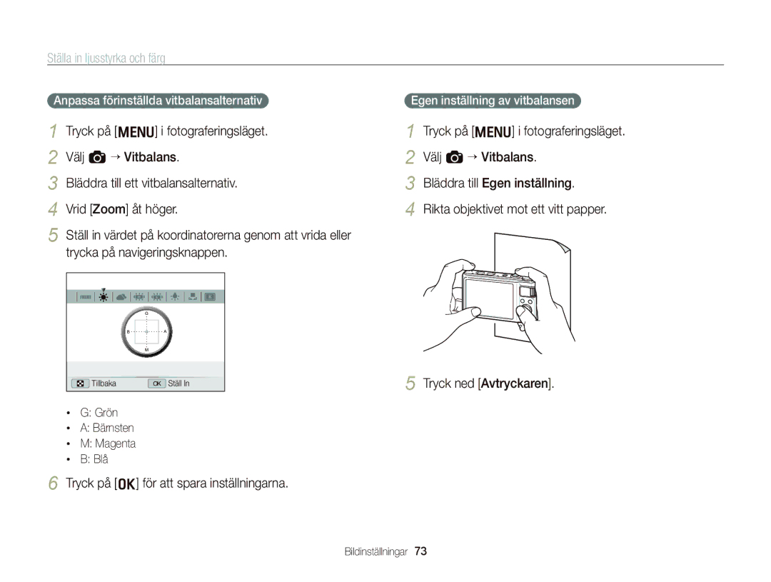 Samsung EC-WB2000BPBE2 manual Egen inställning av vitbalansen, Grön Bärnsten Magenta Blå 