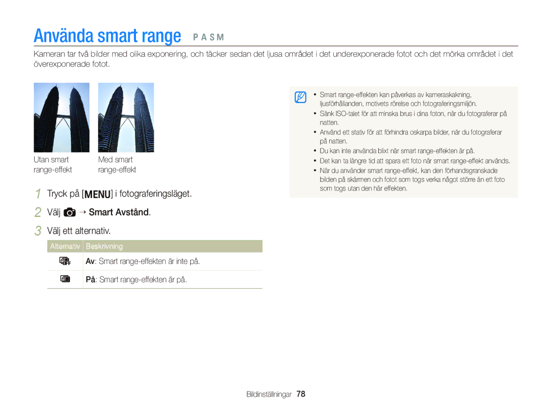 Samsung EC-WB2000BPBE2 manual Använda smart range p a S M, Range-effekt, Av Smart range-effekten är inte på 