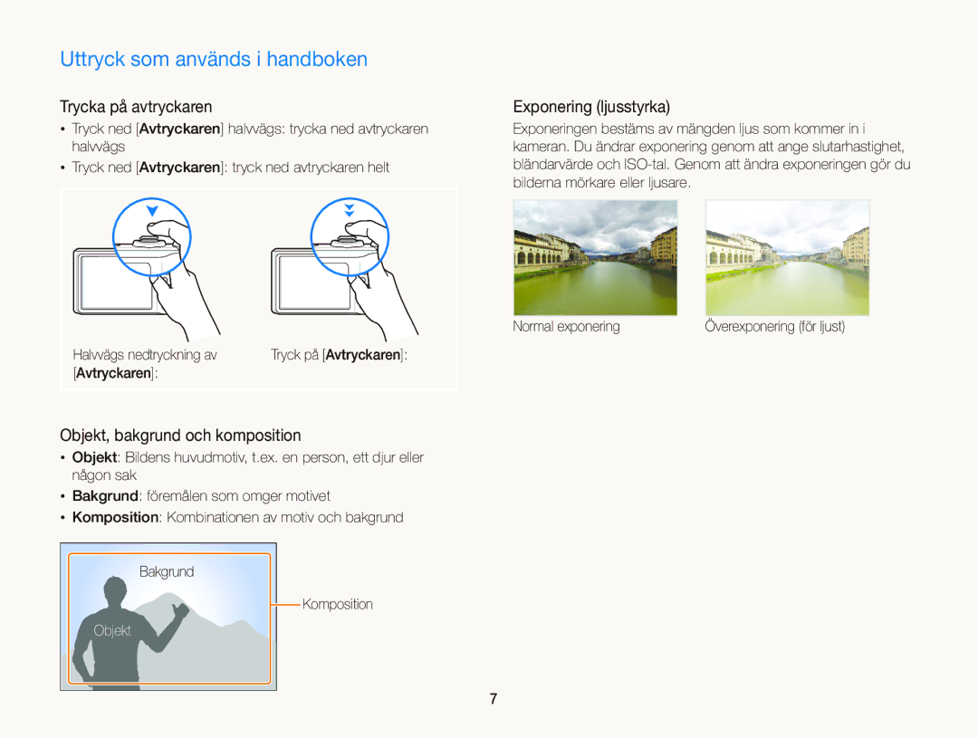 Samsung EC-WB2000BPBE2 manual Uttryck som används i handboken, Trycka på avtryckaren, Exponering ljusstyrka, Objekt 