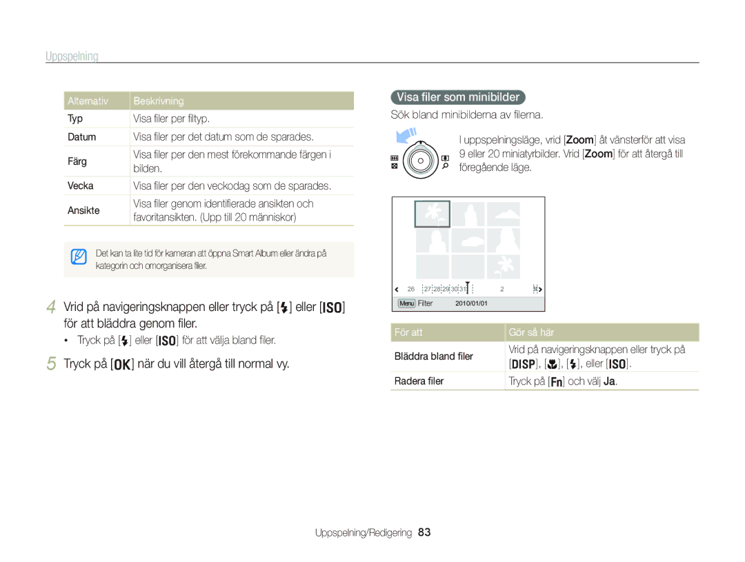 Samsung EC-WB2000BPBE2 manual Tryck på o när du vill återgå till normal vy, Visa ﬁler som minibilder, För att Gör så här 