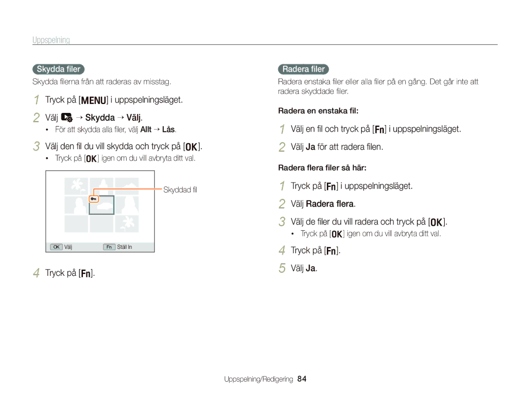 Samsung EC-WB2000BPBE2 manual Välj u ““Skydda ““Välj, Välj den ﬁl du vill skydda och tryck på o, Tryck på f Välj Ja 