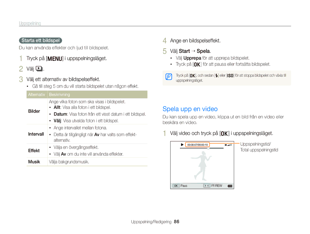 Samsung EC-WB2000BPBE2 manual Spela upp en video, Ange en bildspelseffekt Välj Start ““Spela, Starta ett bildspel 