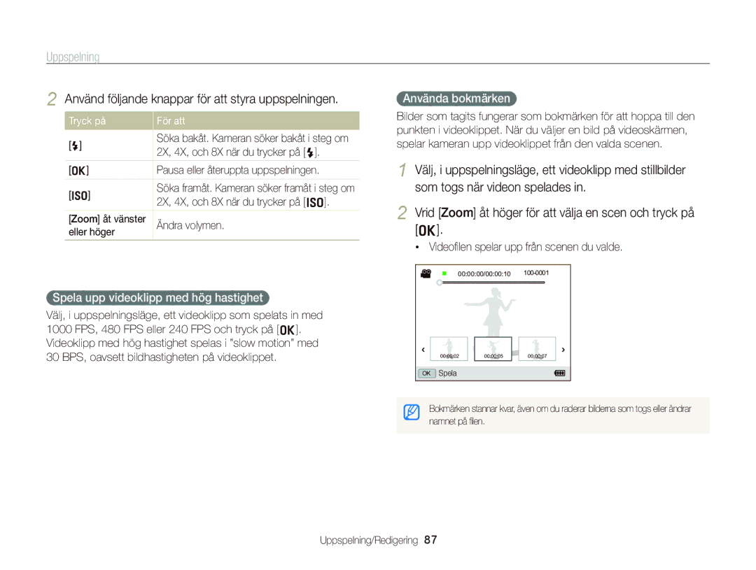 Samsung EC-WB2000BPBE2 manual Använd följande knappar för att styra uppspelningen, Spela upp videoklipp med hög hastighet 