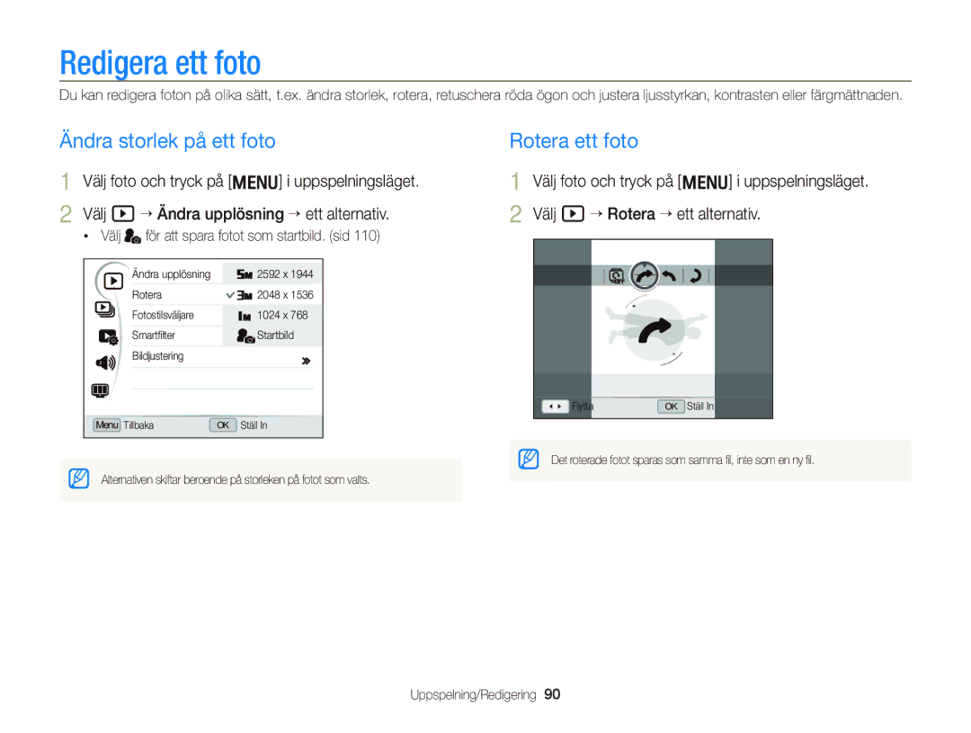 Samsung EC-WB2000BPBE2 manual Redigera ett foto, Ändra storlek på ett foto, Rotera ett foto 