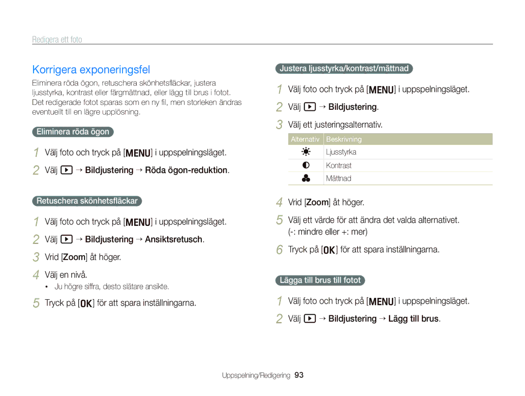 Samsung EC-WB2000BPBE2 manual Korrigera exponeringsfel, Eliminera röda ögon, Retuschera skönhetsﬂäckar 