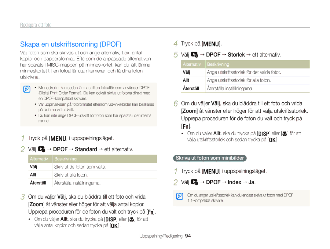 Samsung EC-WB2000BPBE2 manual Skapa en utskriftsordning Dpof, Tryck på m i uppspelningsläget 