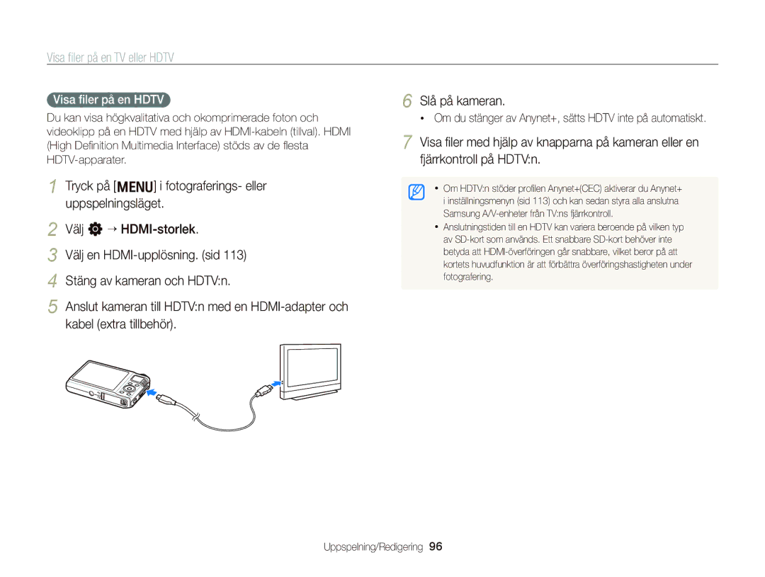 Samsung EC-WB2000BPBE2 manual Visa ﬁler på en TV eller Hdtv, Visa ﬁler på en Hdtv 