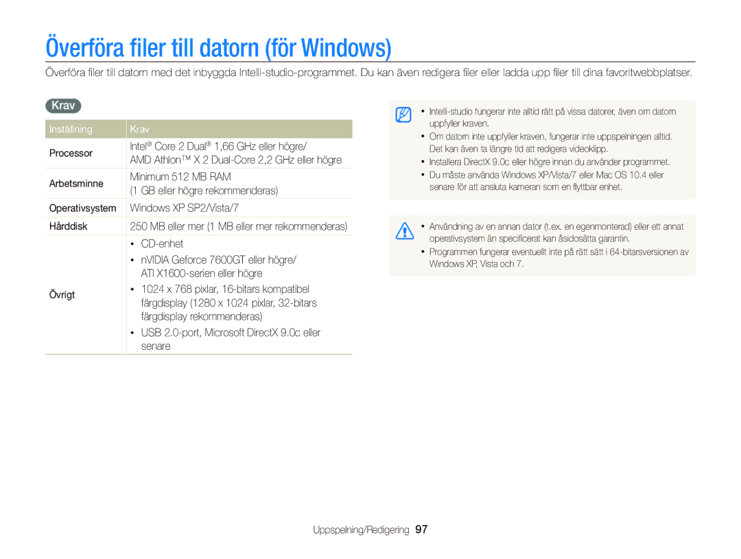 Samsung EC-WB2000BPBE2 manual Överföra ﬁler till datorn för Windows, Inställning Krav 