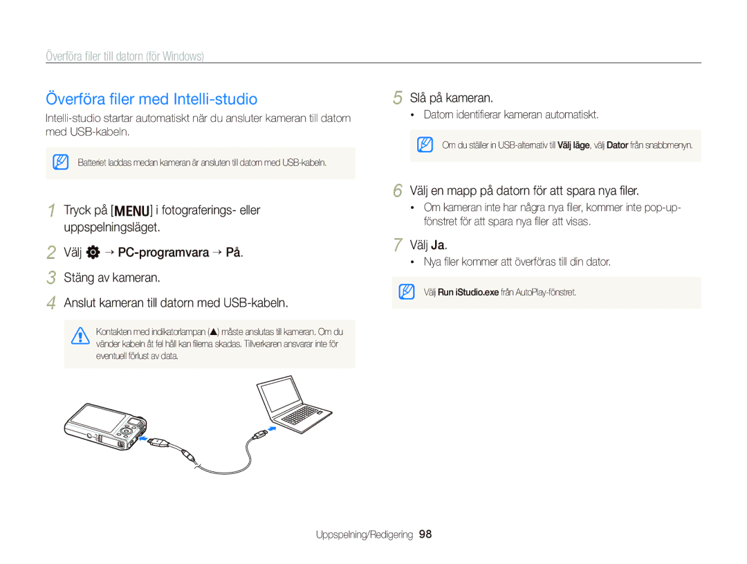 Samsung EC-WB2000BPBE2 manual Överföra ﬁler med Intelli-studio, Överföra ﬁler till datorn för Windows 