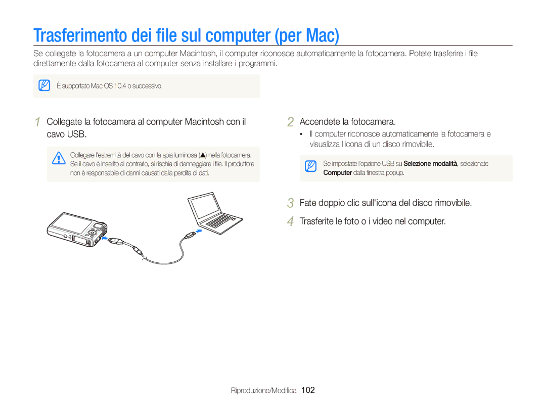 Samsung EC-WB2000BPBIT manual Trasferimento dei ﬁle sul computer per Mac, Fate doppio clic sullicona del disco rimovibile 