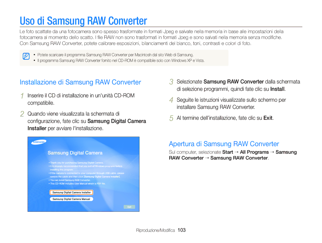 Samsung EC-WB2000BPBIT manual Uso di Samsung RAW Converter, Installazione di Samsung RAW Converter 