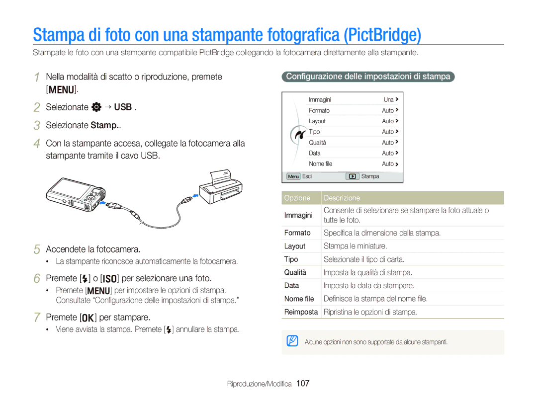 Samsung EC-WB2000BPBIT Stampa di foto con una stampante fotograﬁca PictBridge, Premete F o I per selezionare una foto 