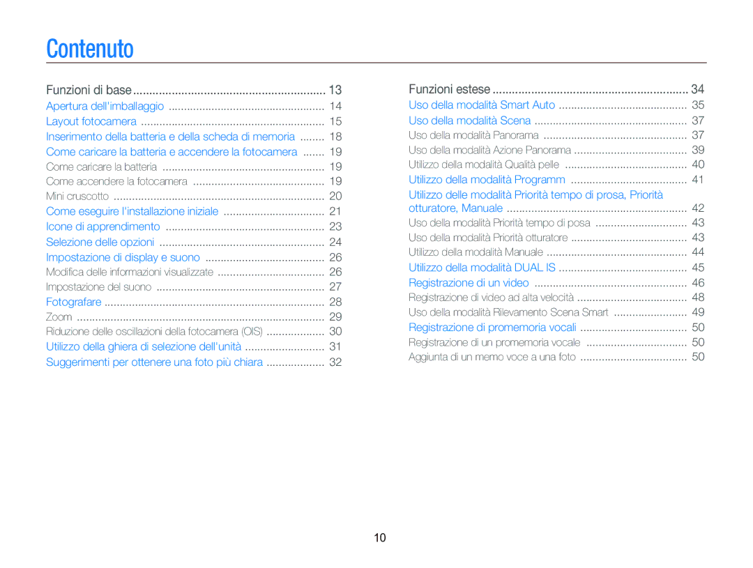 Samsung EC-WB2000BPBIT manual Contenuto, Funzioni di base Apertura dellimballaggio Layout fotocamera 