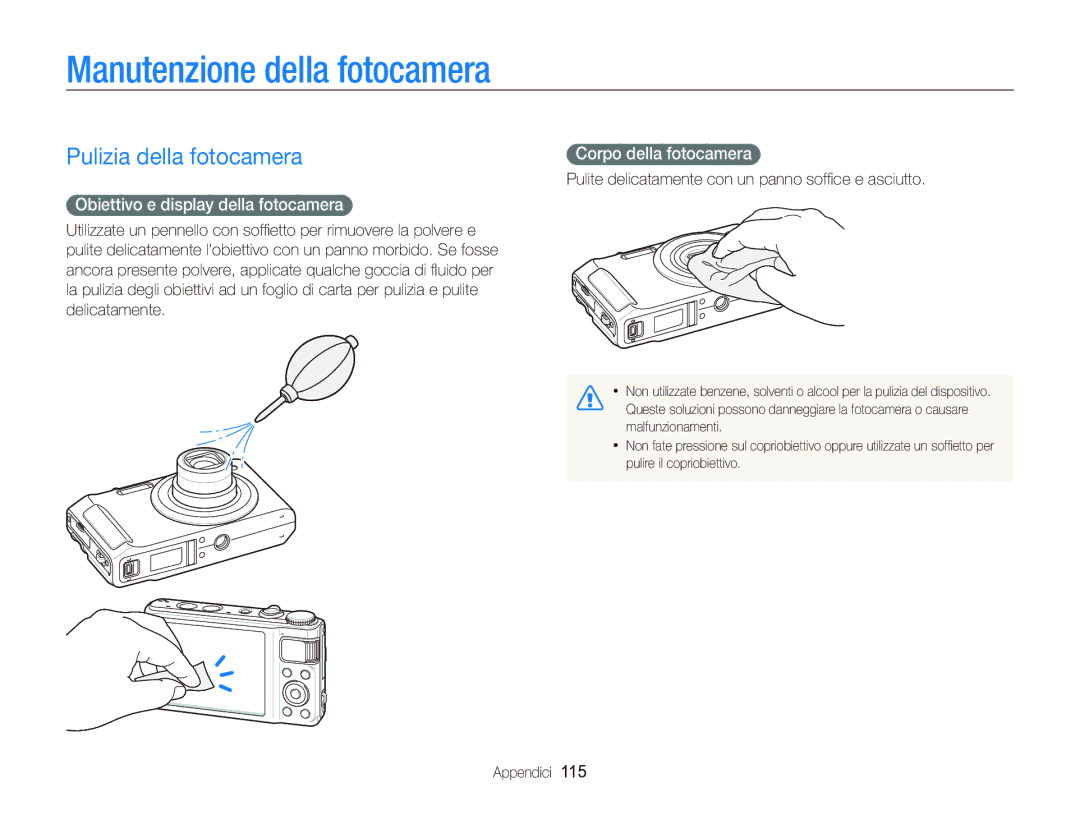 Samsung EC-WB2000BPBIT manual Manutenzione della fotocamera, Pulizia della fotocamera, Obiettivo e display della fotocamera 