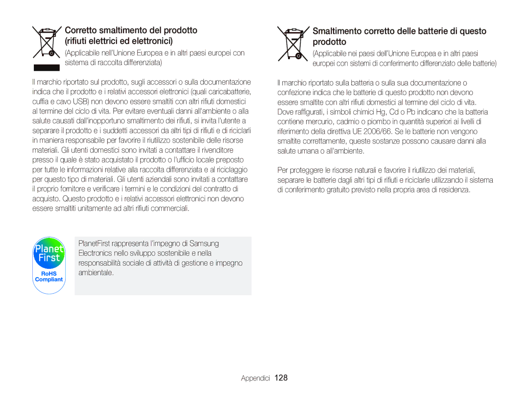 Samsung EC-WB2000BPBIT manual Smaltimento corretto delle batterie di questo prodotto 