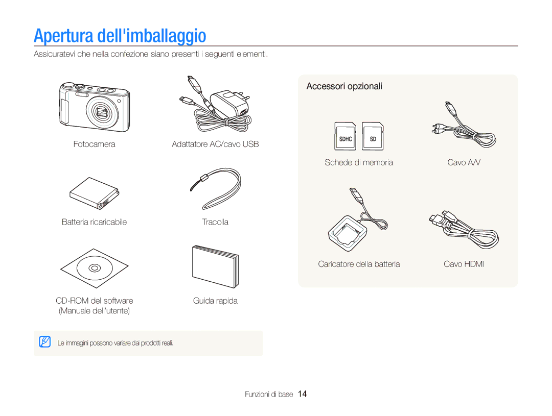 Samsung EC-WB2000BPBIT manual Apertura dellimballaggio, Accessori opzionali 