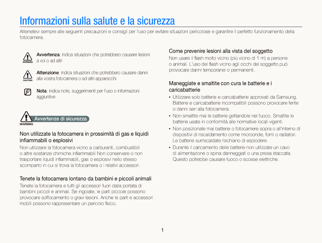 Samsung EC-WB2000BPBIT manual Informazioni sulla salute e la sicurezza, Come prevenire lesioni alla vista del soggetto 