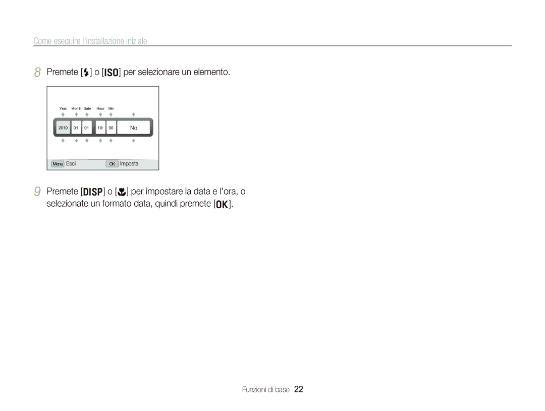 Samsung EC-WB2000BPBIT manual Come eseguire linstallazione iniziale, Premete F o I per selezionare un elemento 