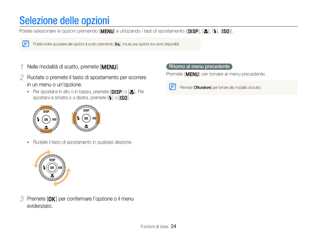 Samsung EC-WB2000BPBIT manual Selezione delle opzioni, Premete o per confermare lopzione o il menu evidenziato 