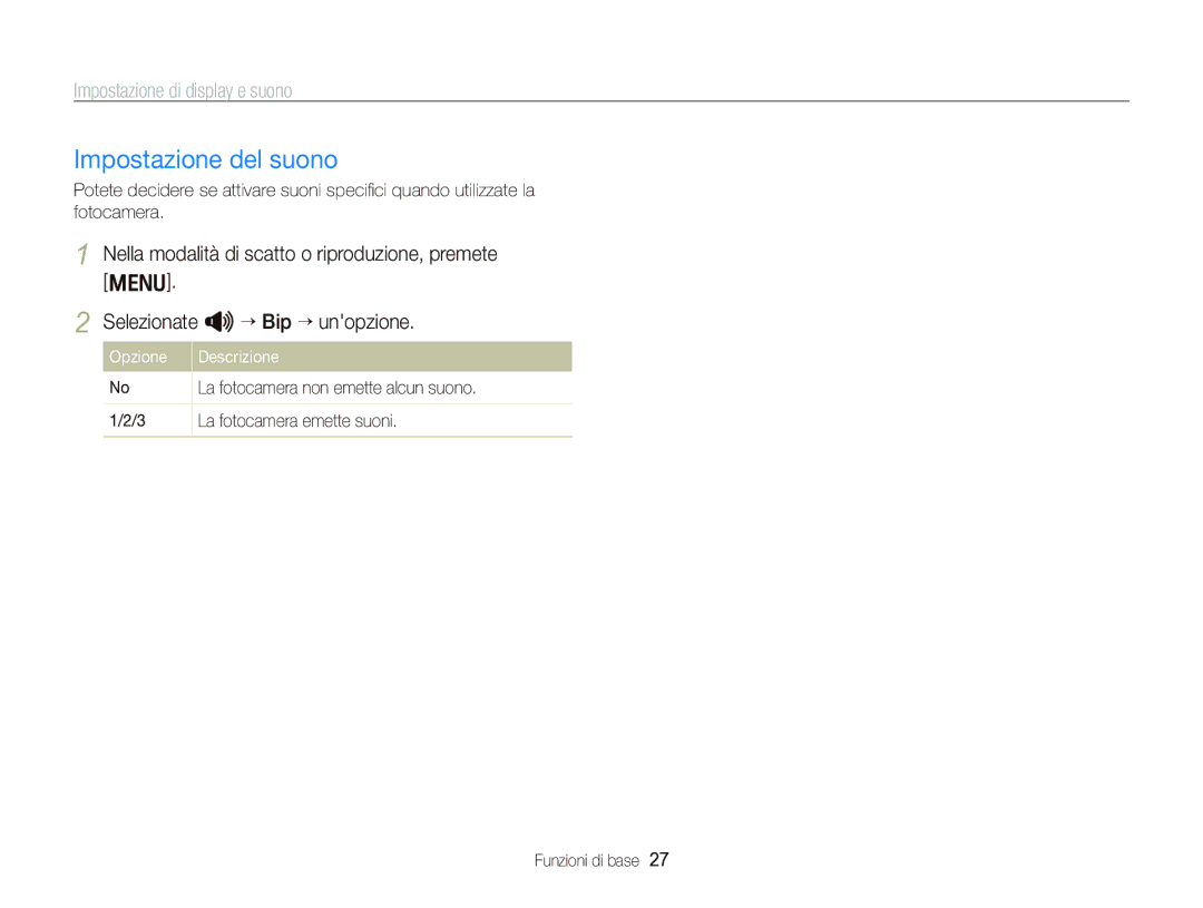 Samsung EC-WB2000BPBIT manual Impostazione del suono, Impostazione di display e suono, Opzione Descrizione 