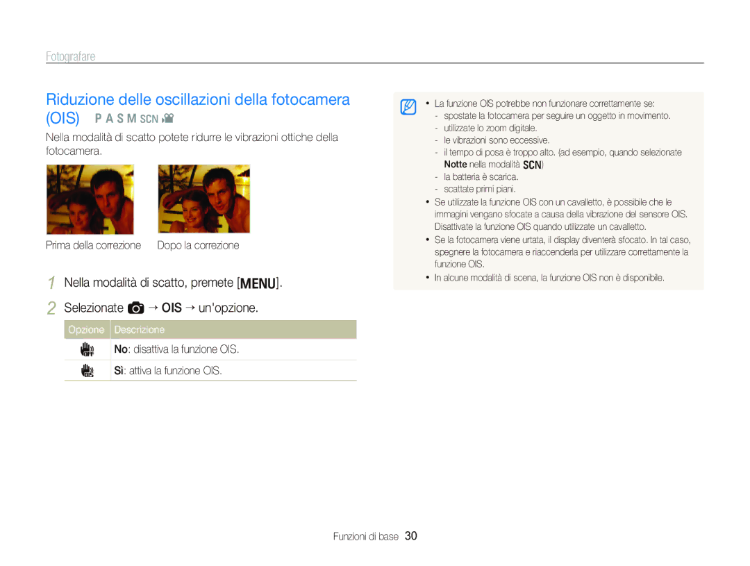 Samsung EC-WB2000BPBIT manual Riduzione delle oscillazioni della fotocamera OIS 