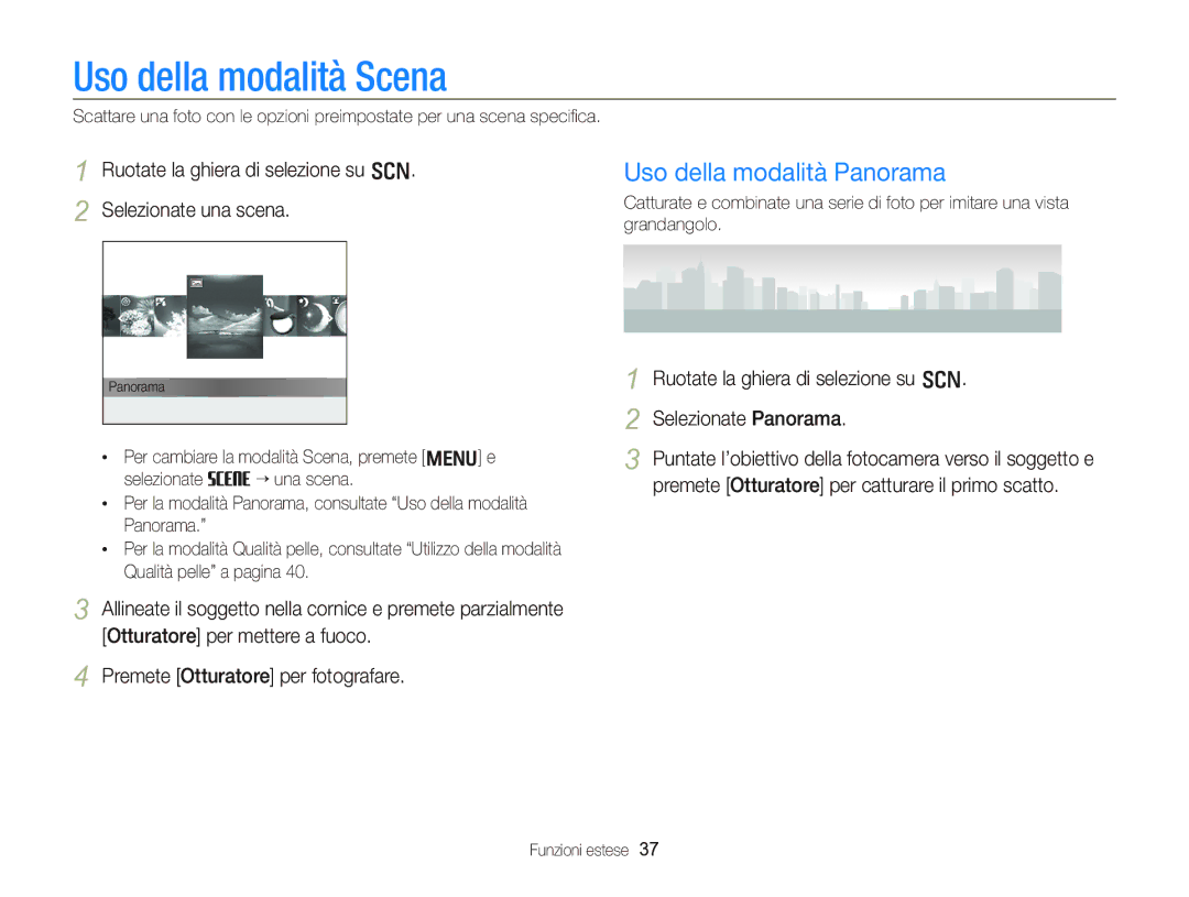 Samsung EC-WB2000BPBIT manual Uso della modalità Scena, Uso della modalità Panorama, Selezionate Panorama 