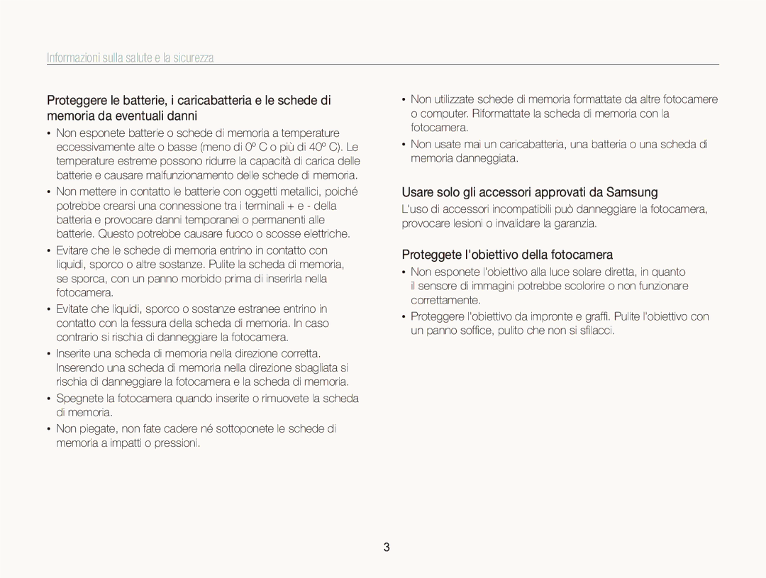 Samsung EC-WB2000BPBIT manual Usare solo gli accessori approvati da Samsung, Proteggete lobiettivo della fotocamera 