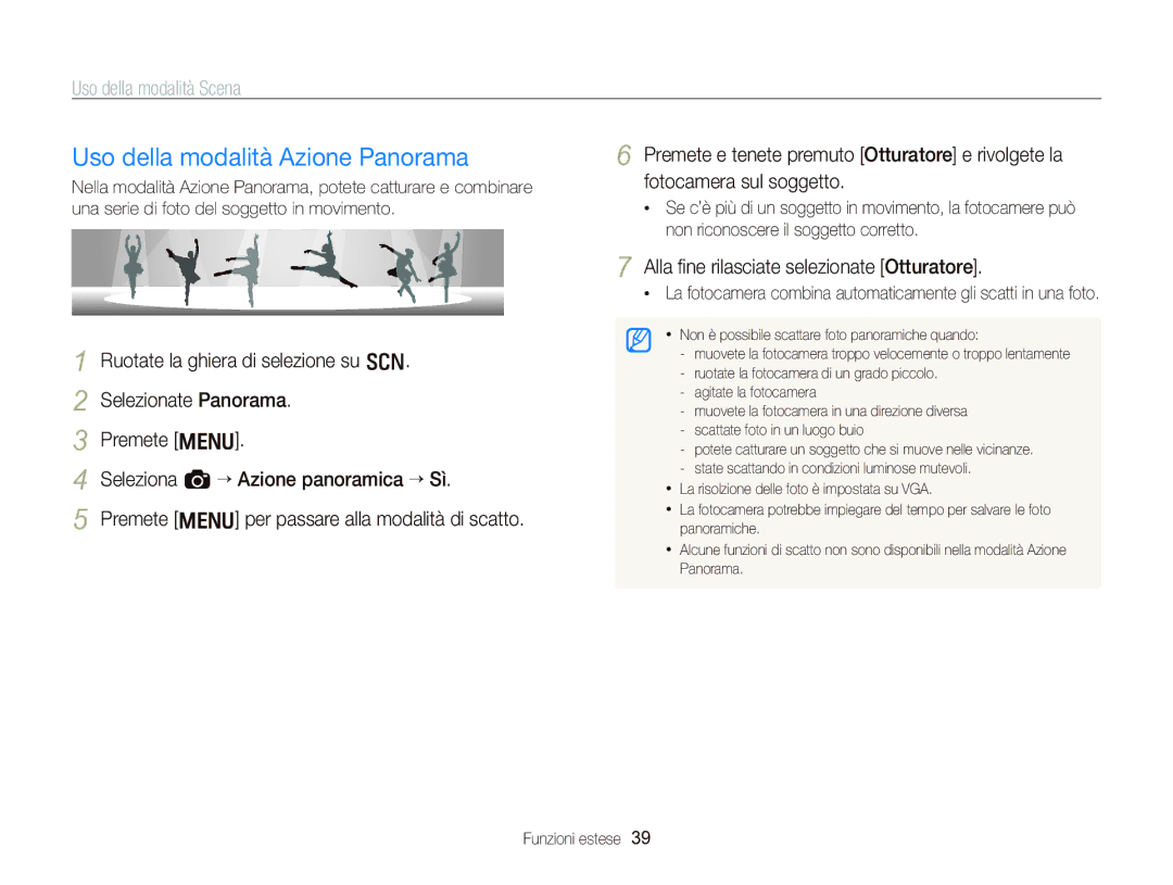 Samsung EC-WB2000BPBIT Uso della modalità Azione Panorama, La fotocamera combina automaticamente gli scatti in una foto 