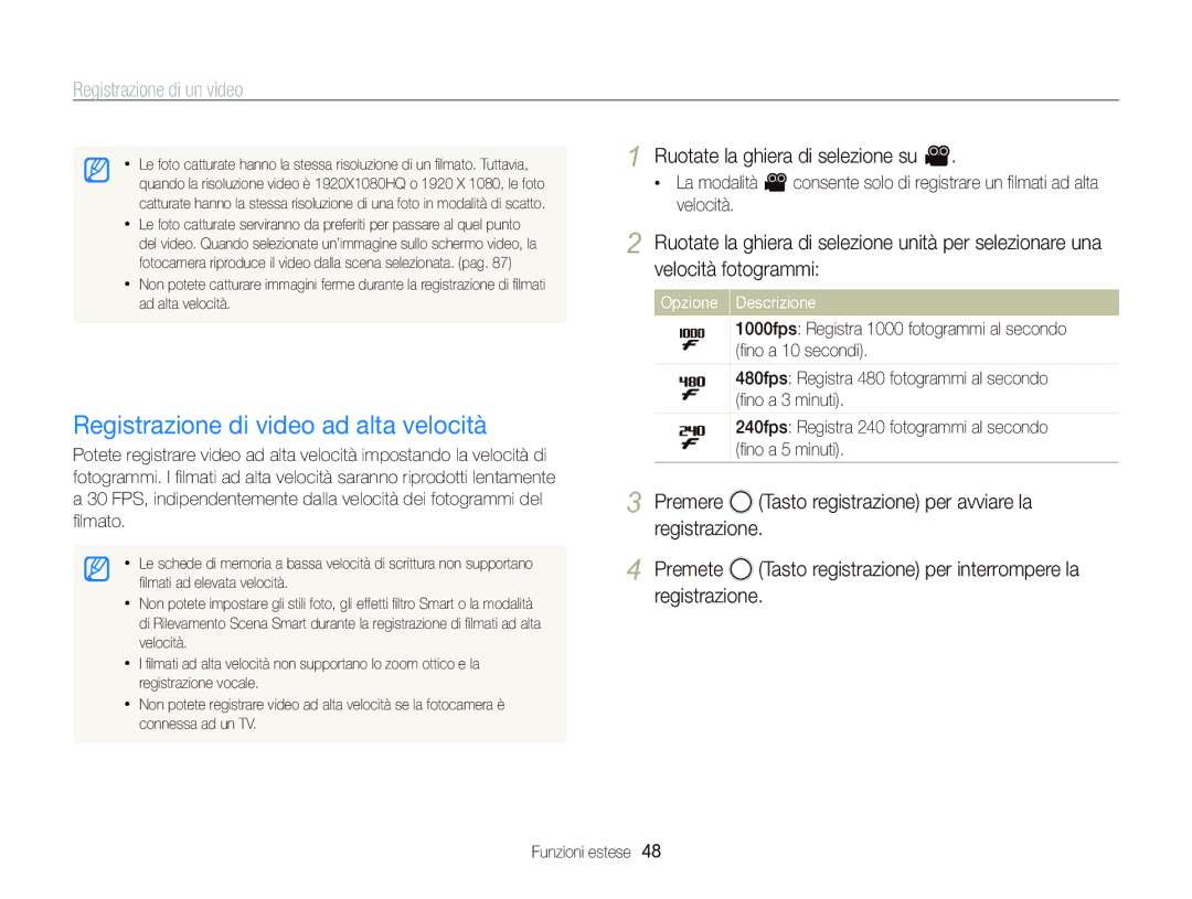 Samsung EC-WB2000BPBIT manual Registrazione di video ad alta velocità 