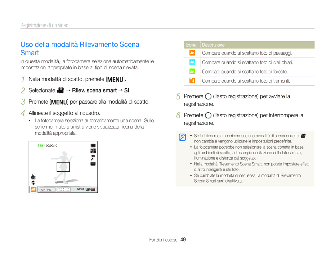 Samsung EC-WB2000BPBIT manual Uso della modalità Rilevamento Scena Smart, Icona Descrizione 