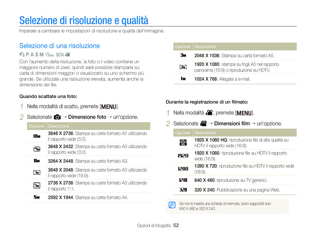 Samsung EC-WB2000BPBIT manual Selezione di risoluzione e qualità, Selezione di una risoluzione, Opzioni di fotograﬁa 