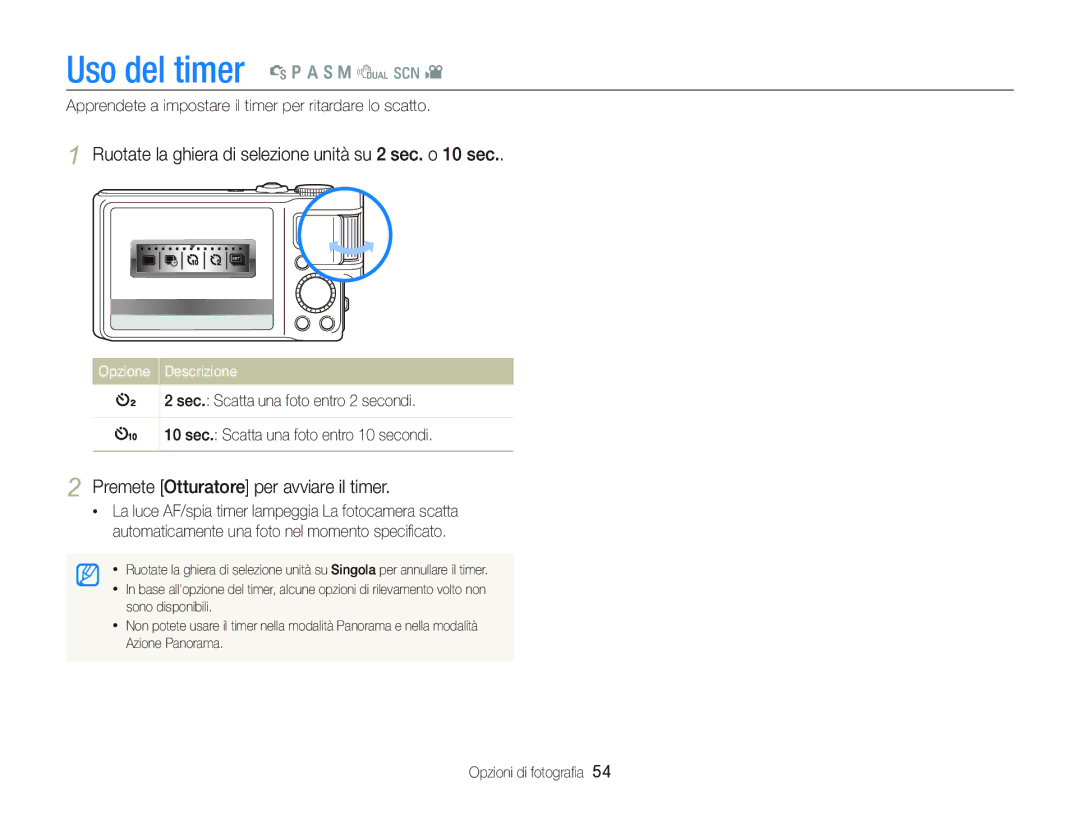 Samsung EC-WB2000BPBIT Ruotate la ghiera di selezione unità su 2 sec. o 10 sec, Premete Otturatore per avviare il timer 