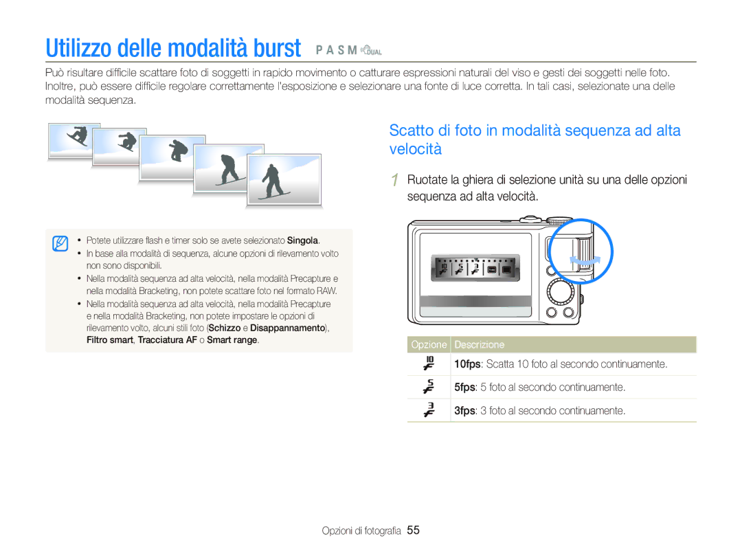 Samsung EC-WB2000BPBIT manual Utilizzo delle modalità burst p a S M d, Scatto di foto in modalità sequenza ad alta velocità 