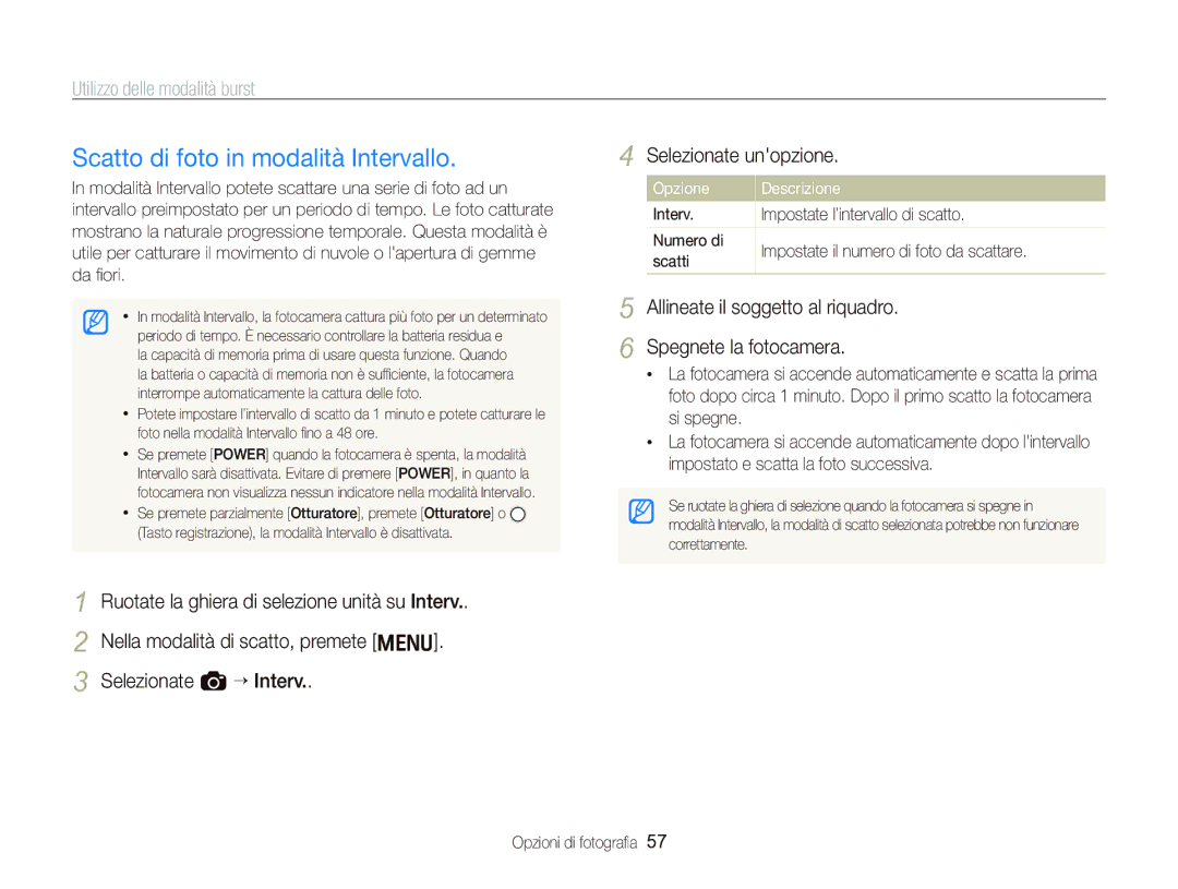 Samsung EC-WB2000BPBIT manual Scatto di foto in modalità Intervallo, Selezionate unopzione, Selezionate a “ Interv 