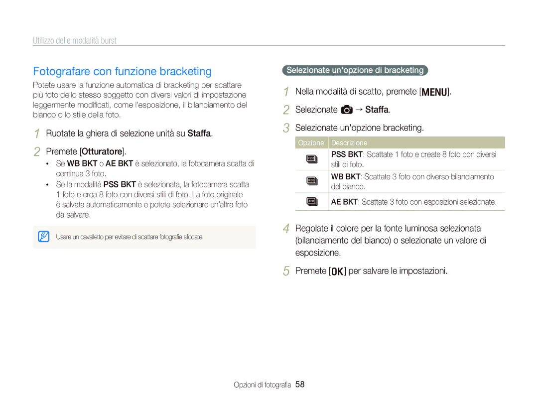 Samsung EC-WB2000BPBIT manual Fotografare con funzione bracketing, Selezionate unopzione di bracketing 