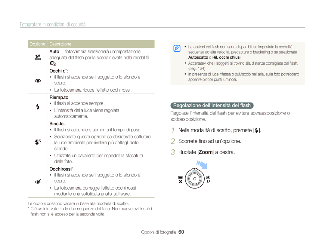 Samsung EC-WB2000BPBIT manual Fotografare in condizioni di oscurità, Regolazione dellintensità del ﬂash 