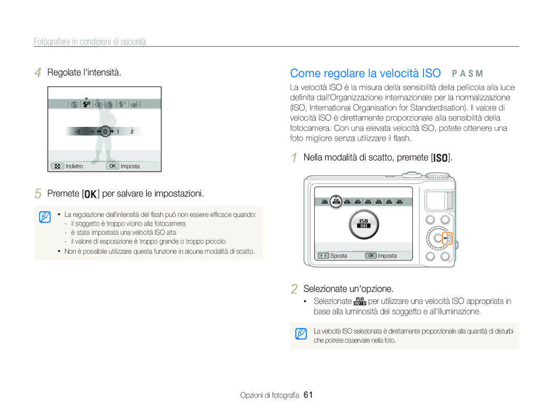 Samsung EC-WB2000BPBIT manual Come regolare la velocità ISO p a S M, Regolate lintensità, Nella modalità di scatto, premete 