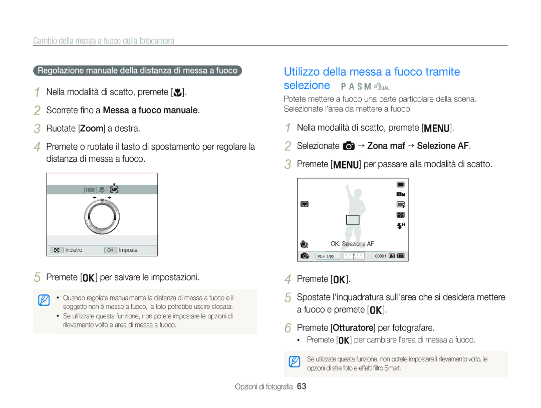 Samsung EC-WB2000BPBIT Cambio della messa a fuoco della fotocamera, Regolazione manuale della distanza di messa a fuoco 